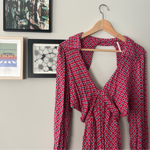 Free People It Takes Two Wrap Mini Dress Long Sleeve Geometric Print Size Large - Picture 3 of 11